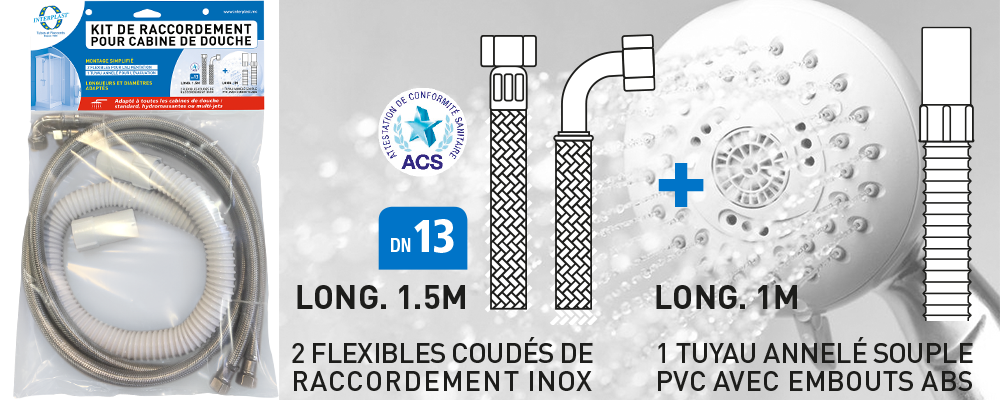 Image d'un Kit de raccordement pour cabine de douche sous blister avec détails des flexibles et tuyau